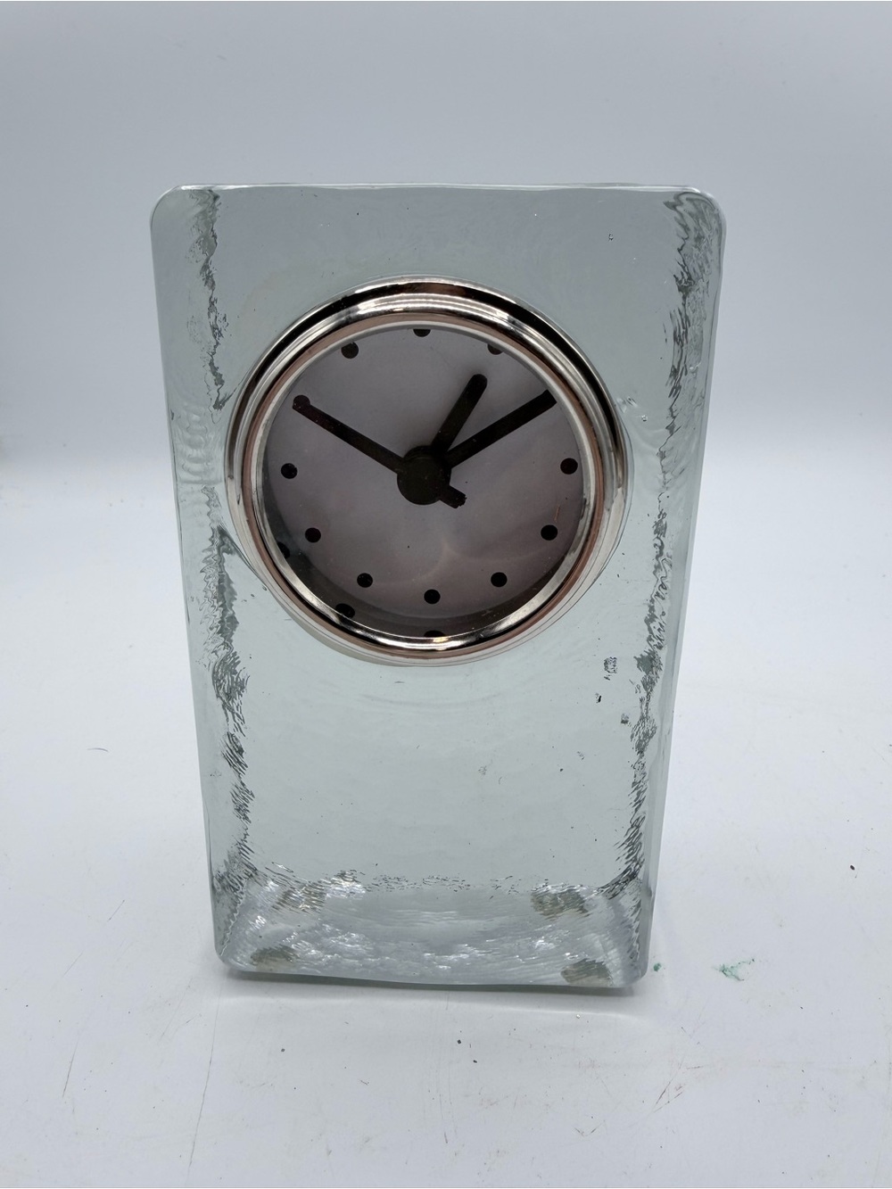 Pottery Barn Slab Glass Table Clock in Glass with Silver Accent